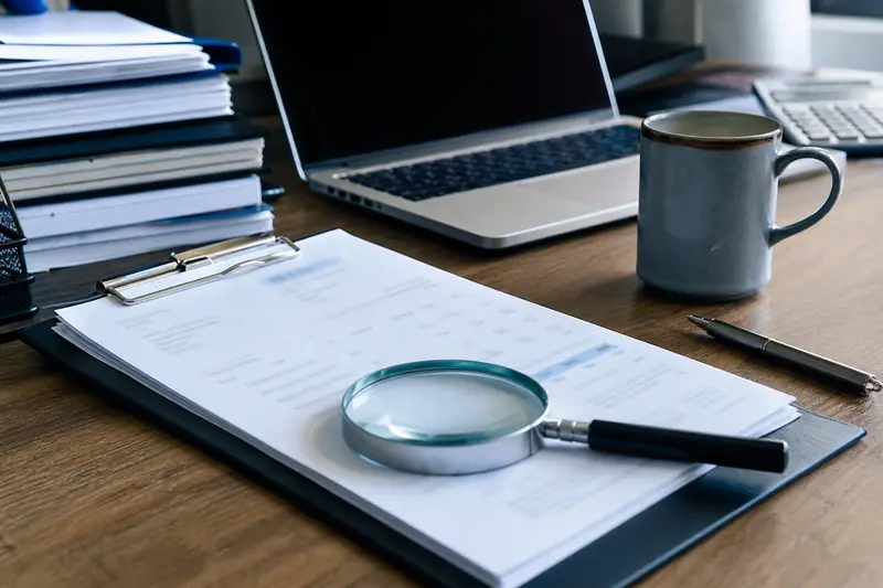 A supplier invoice on a clipboard with a magnifying glass beside a laptop